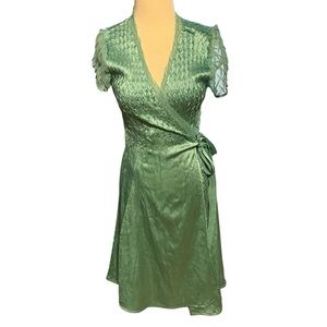 KOMAROV Teal Blue Green V-Neck Chiffon Inset Wrap Sheer Hem Dress M